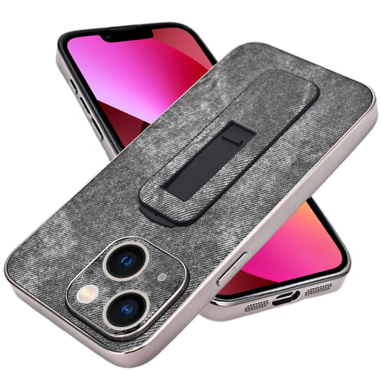 For iPhone 13 Denim Pattern Electroplated Push-pull Bracket Cooling Phone Case
