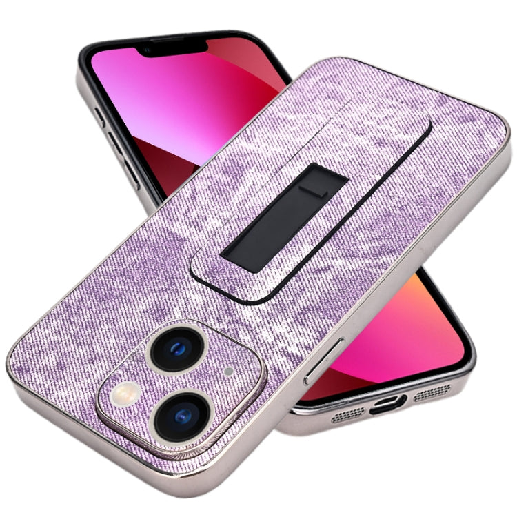 For iPhone 13 Denim Pattern Electroplated Push-pull Bracket Cooling Phone Case