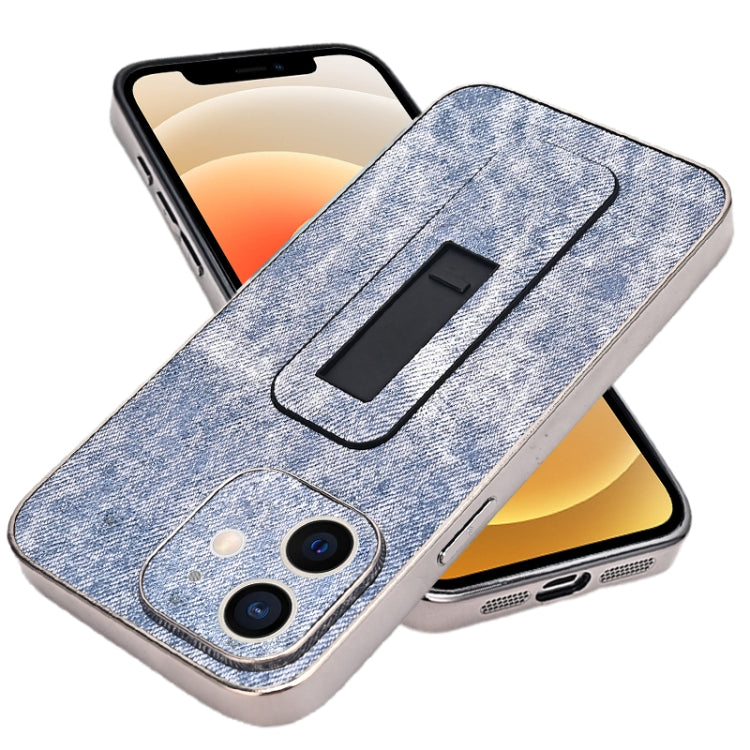 For iPhone 12 Denim Pattern Electroplated Push-pull Bracket Cooling Phone Case