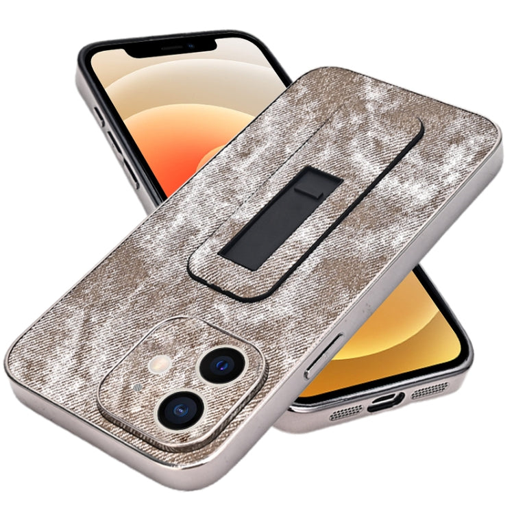 For iPhone 12 Denim Pattern Electroplated Push-pull Bracket Cooling Phone Case