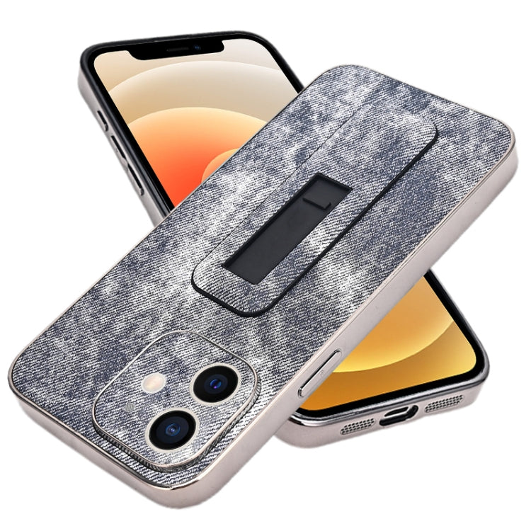 For iPhone 12 Denim Pattern Electroplated Push-pull Bracket Cooling Phone Case