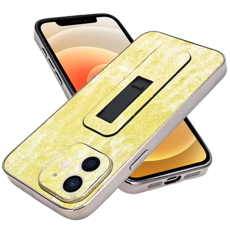 For iPhone 12 Denim Pattern Electroplated Push-pull Bracket Cooling Phone Case