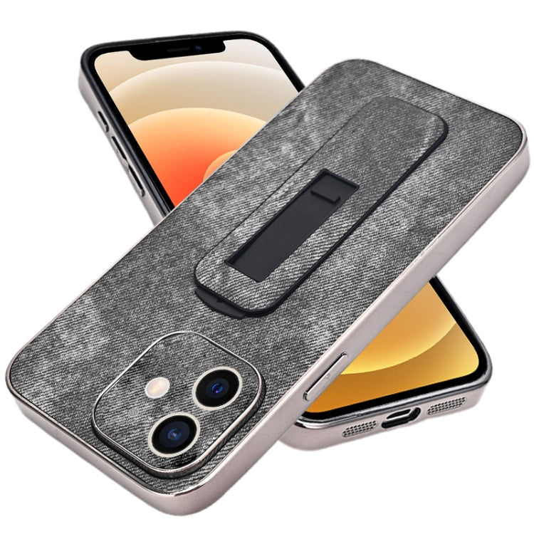 For iPhone 12 Denim Pattern Electroplated Push-pull Bracket Cooling Phone Case