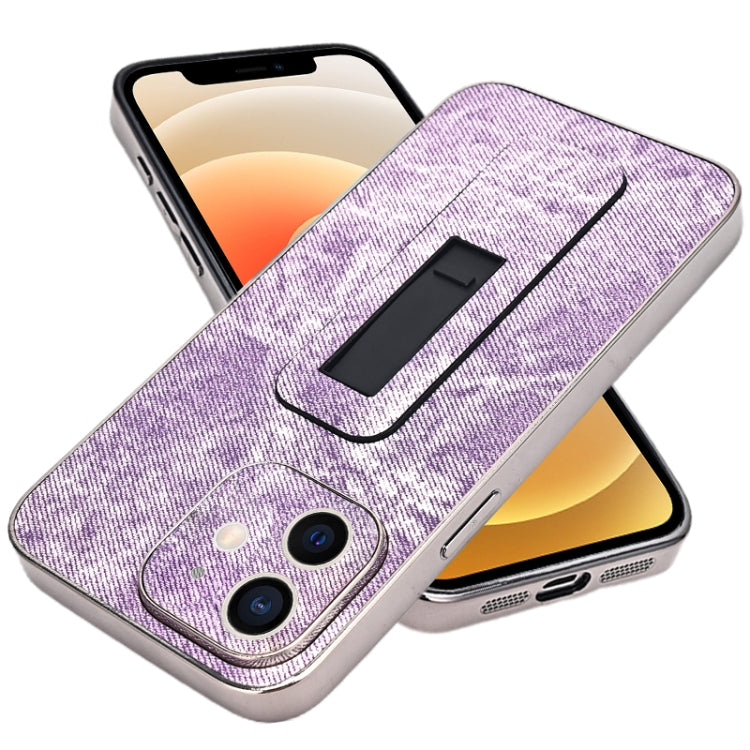 For iPhone 12 Denim Pattern Electroplated Push-pull Bracket Cooling Phone Case