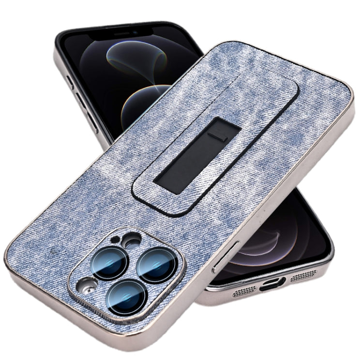 For iPhone 12 Pro Denim Pattern Electroplated Push-pull Bracket Cooling Phone Case