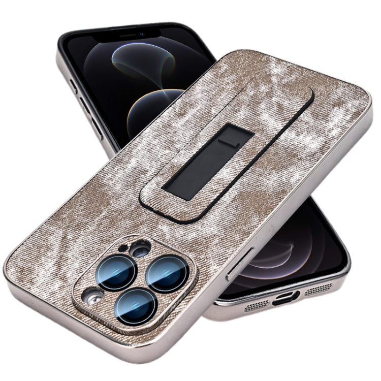 For iPhone 12 Pro Denim Pattern Electroplated Push-pull Bracket Cooling Phone Case
