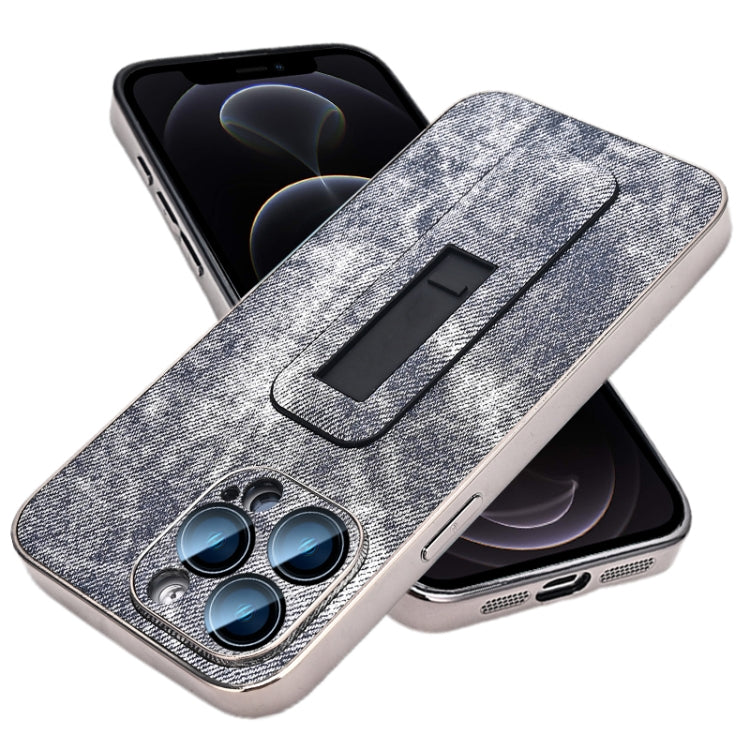 For iPhone 12 Pro Denim Pattern Electroplated Push-pull Bracket Cooling Phone Case