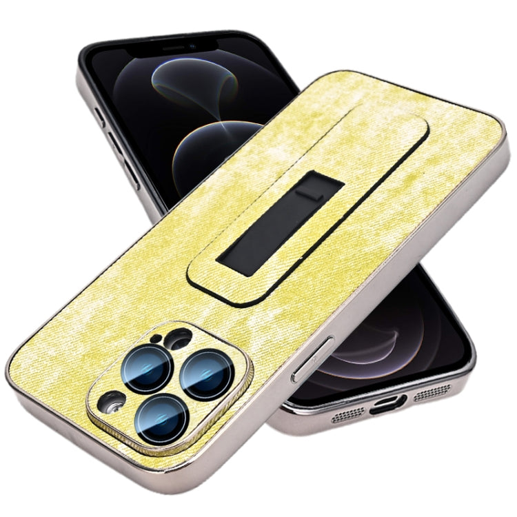 For iPhone 12 Pro Denim Pattern Electroplated Push-pull Bracket Cooling Phone Case