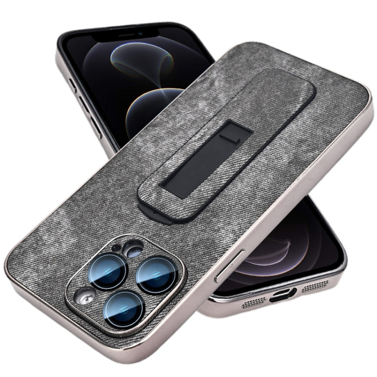 For iPhone 12 Pro Denim Pattern Electroplated Push-pull Bracket Cooling Phone Case