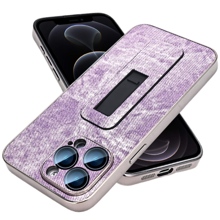 For iPhone 12 Pro Denim Pattern Electroplated Push-pull Bracket Cooling Phone Case