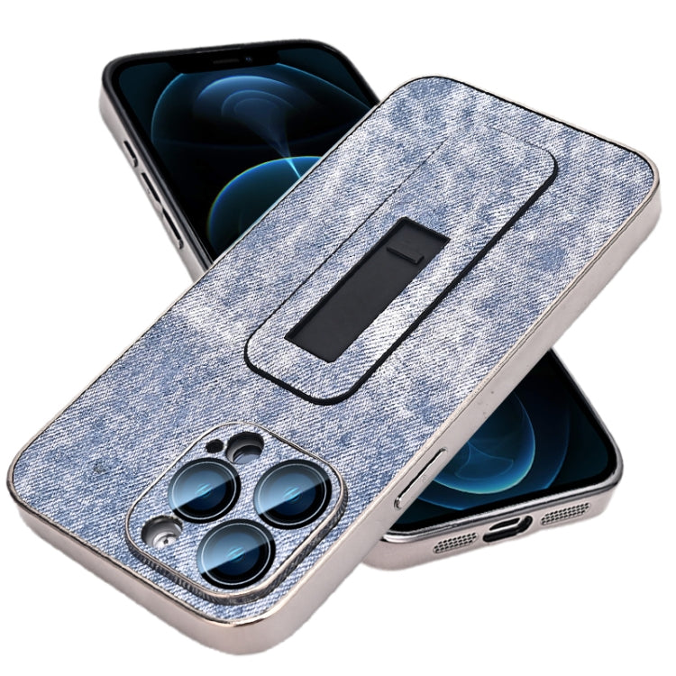 For iPhone 12 Pro Max Denim Pattern Electroplated Push-pull Bracket Cooling Phone Case