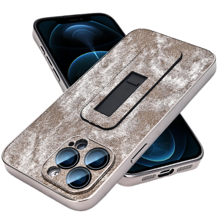 For iPhone 12 Pro Max Denim Pattern Electroplated Push-pull Bracket Cooling Phone Case