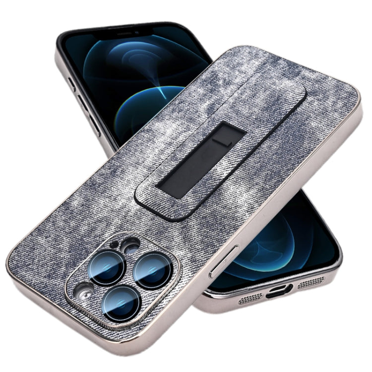 For iPhone 12 Pro Max Denim Pattern Electroplated Push-pull Bracket Cooling Phone Case