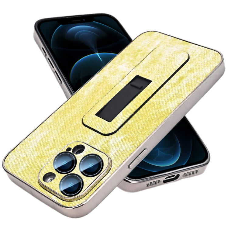 For iPhone 12 Pro Max Denim Pattern Electroplated Push-pull Bracket Cooling Phone Case