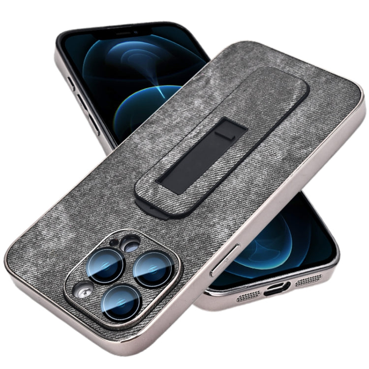 For iPhone 12 Pro Max Denim Pattern Electroplated Push-pull Bracket Cooling Phone Case