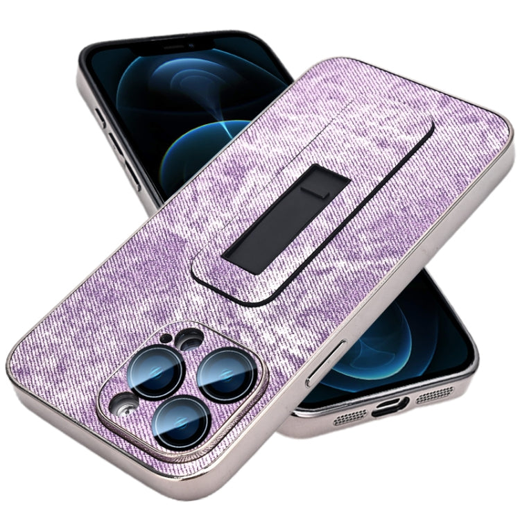 For iPhone 12 Pro Max Denim Pattern Electroplated Push-pull Bracket Cooling Phone Case