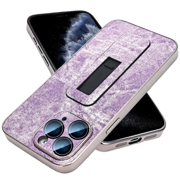 For iPhone 11 Pro Max Denim Pattern Electroplated Push-pull Bracket Cooling Phone Case