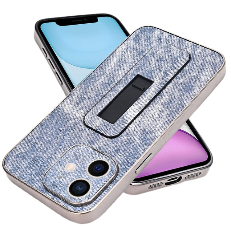 For iPhone 11 Denim Pattern Electroplated Push-pull Bracket Cooling Phone Case
