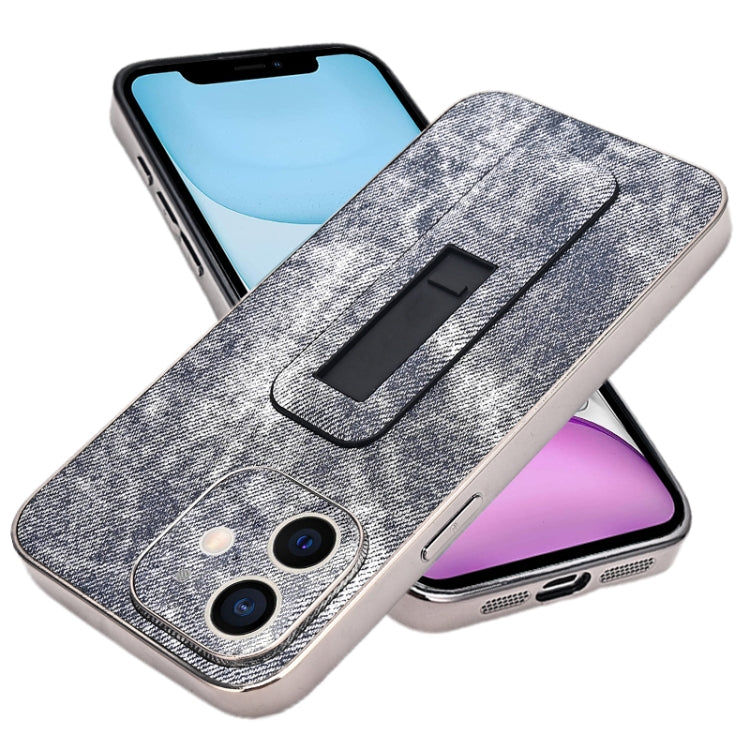 For iPhone 11 Denim Pattern Electroplated Push-pull Bracket Cooling Phone Case