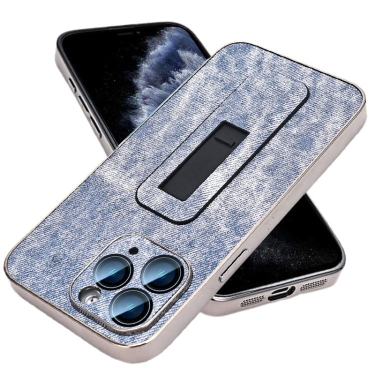 For iPhone 11 Pro Denim Pattern Electroplated Push-pull Bracket Cooling Phone Case