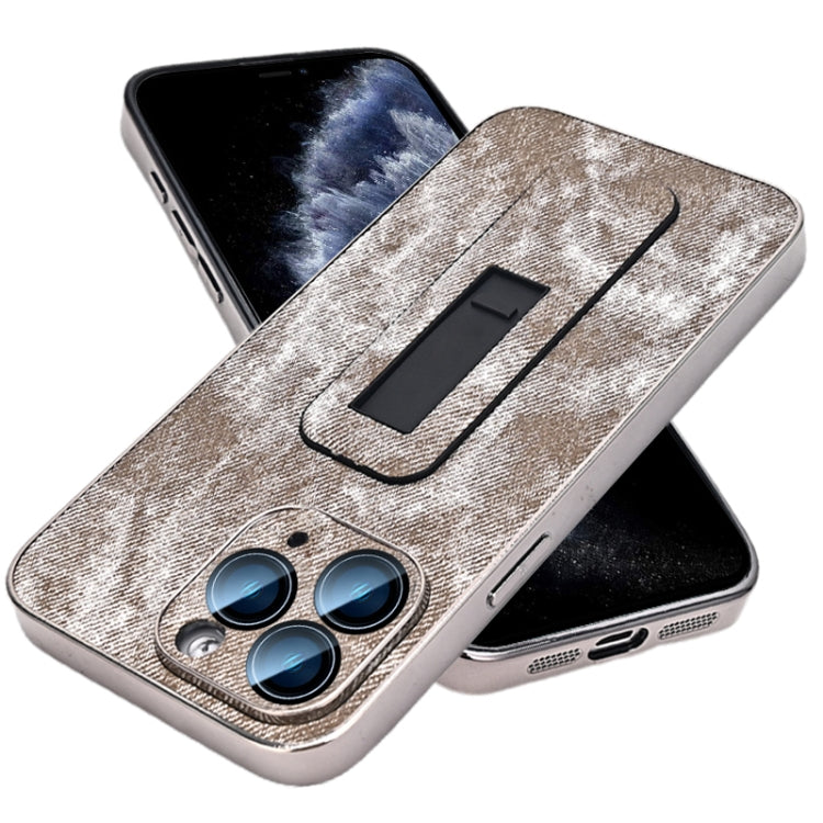 For iPhone 11 Pro Denim Pattern Electroplated Push-pull Bracket Cooling Phone Case