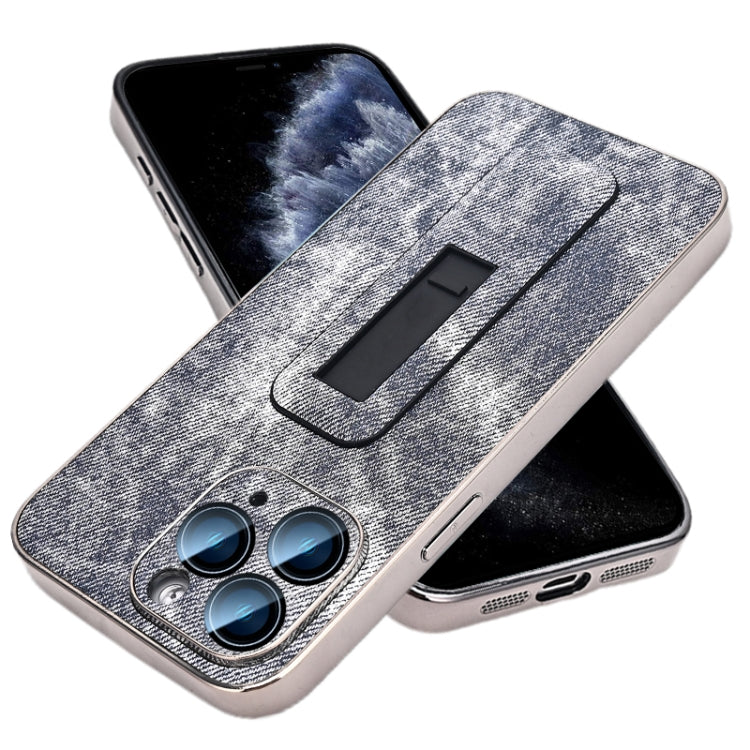 For iPhone 11 Pro Denim Pattern Electroplated Push-pull Bracket Cooling Phone Case