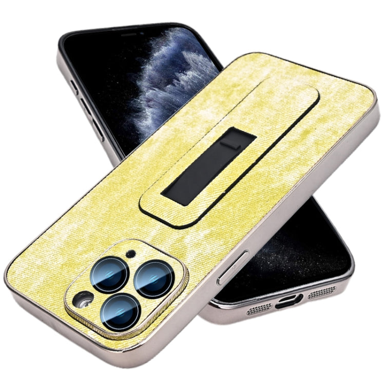 For iPhone 11 Pro Denim Pattern Electroplated Push-pull Bracket Cooling Phone Case
