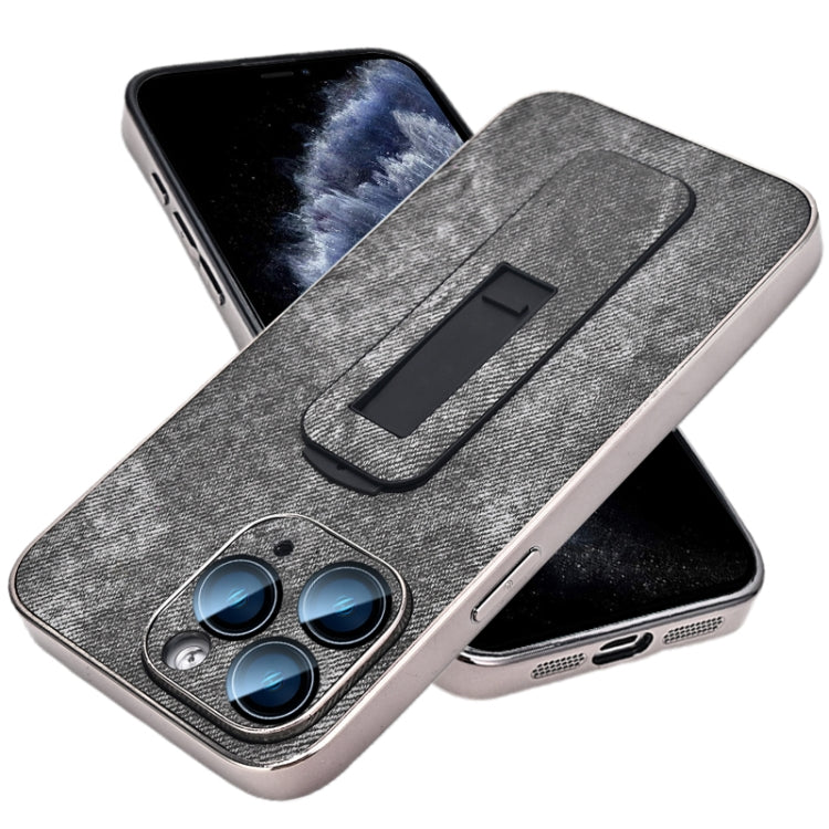 For iPhone 11 Pro Denim Pattern Electroplated Push-pull Bracket Cooling Phone Case