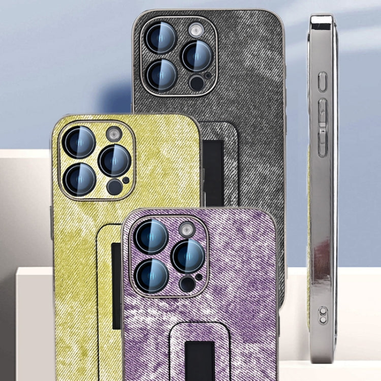 For iPhone 11 Pro Denim Pattern Electroplated Push-pull Bracket Cooling Phone Case