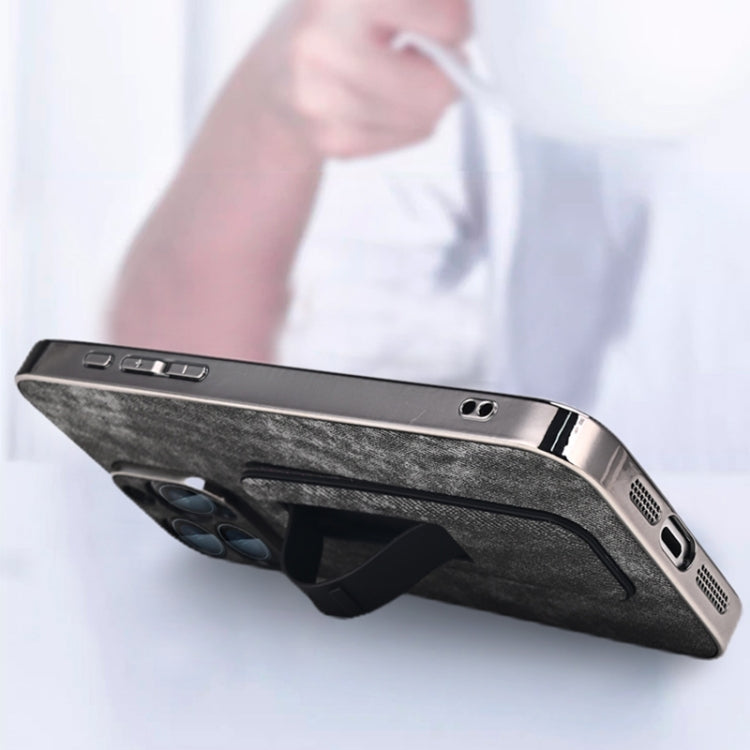 For iPhone 11 Denim Pattern Electroplated Push-pull Bracket Cooling Phone Case