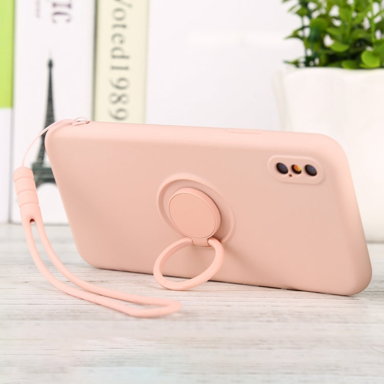 For iPhone XS Max Solid Color Liquid Silicone Shockproof Full Coverage Protective Case with Ring Holder & Lanyard
