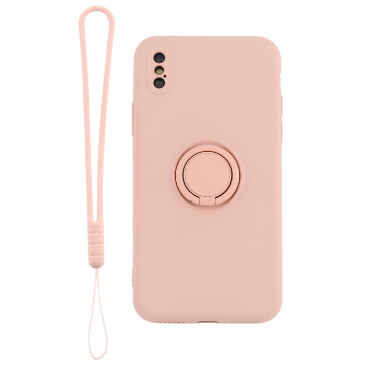 For iPhone XS Max Solid Color Liquid Silicone Shockproof Full Coverage Protective Case with Ring Holder & Lanyard