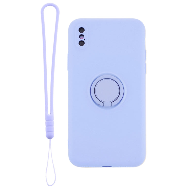 For iPhone XS Max Solid Color Liquid Silicone Shockproof Full Coverage Protective Case with Ring Holder & Lanyard