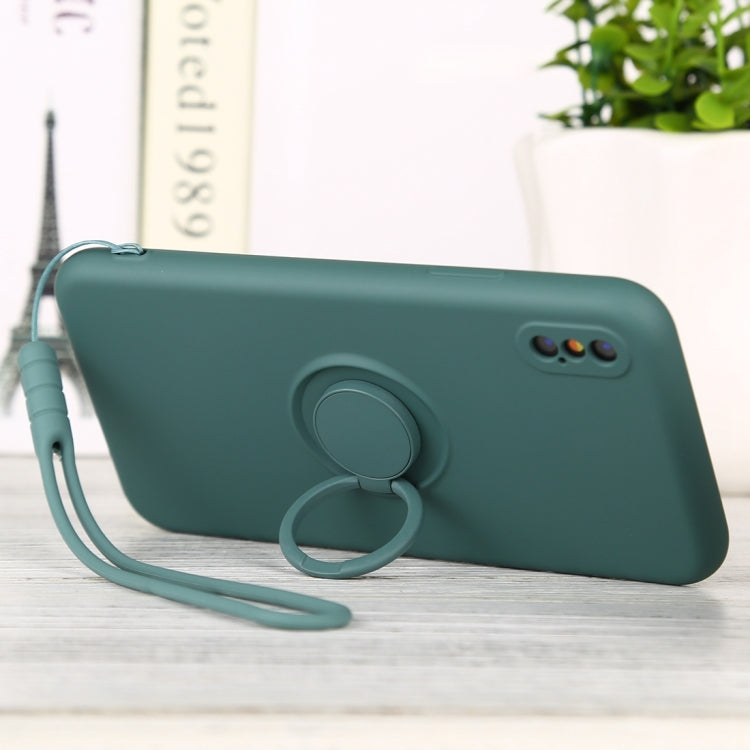 For iPhone XS Max Solid Color Liquid Silicone Shockproof Full Coverage Protective Case with Ring Holder & Lanyard
