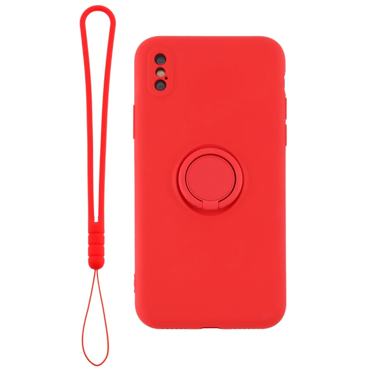 For iPhone XS Max Solid Color Liquid Silicone Shockproof Full Coverage Protective Case with Ring Holder & Lanyard