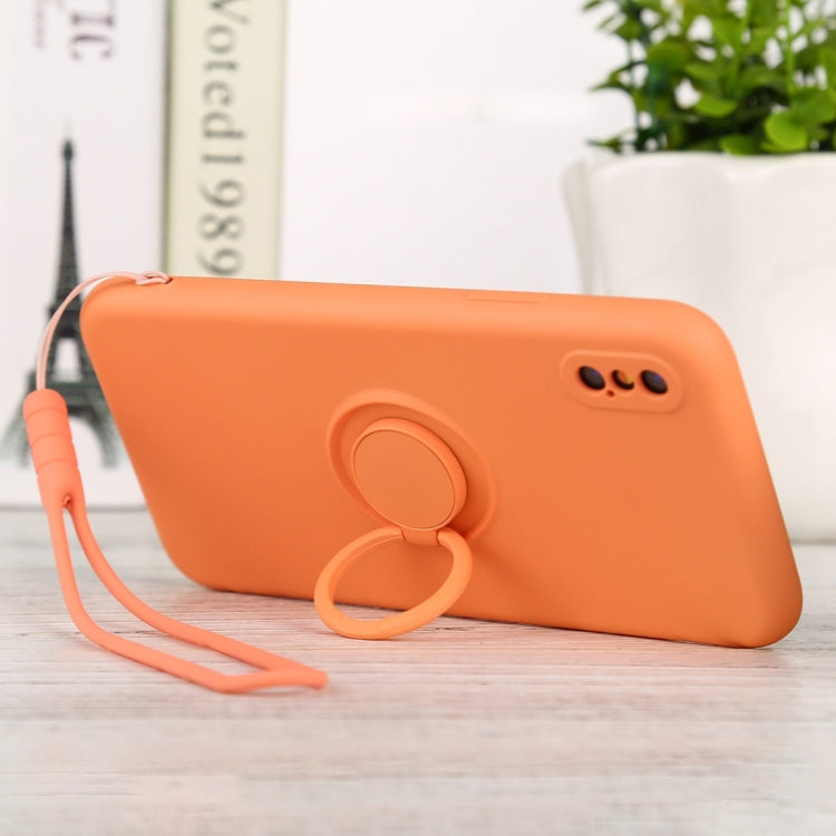 For iPhone XS Max Solid Color Liquid Silicone Shockproof Full Coverage Protective Case with Ring Holder & Lanyard