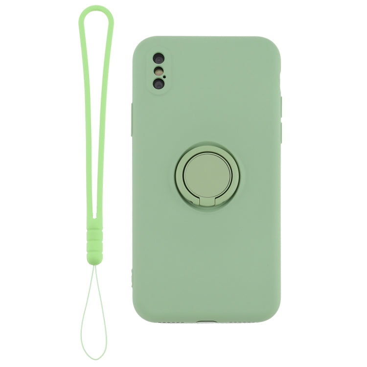 For iPhone XS Max Solid Color Liquid Silicone Shockproof Full Coverage Protective Case with Ring Holder & Lanyard