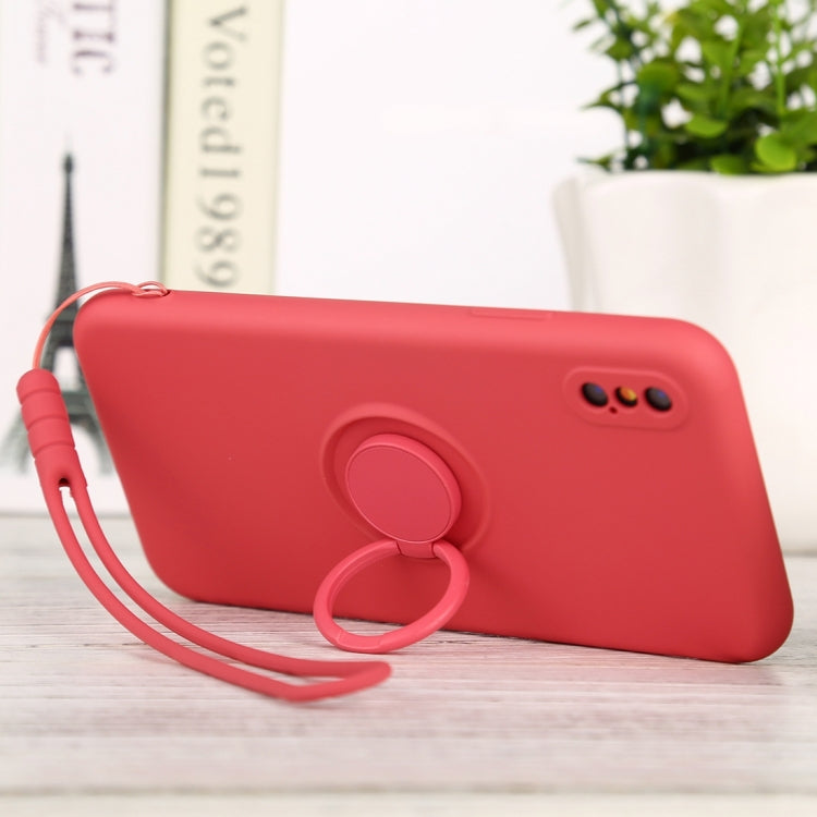 For iPhone XS Max Solid Color Liquid Silicone Shockproof Full Coverage Protective Case with Ring Holder & Lanyard