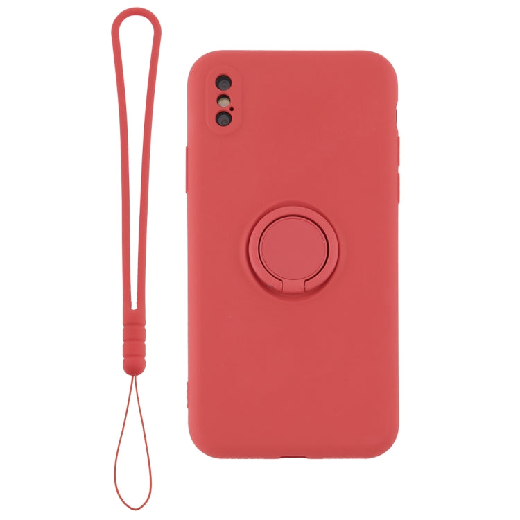 For iPhone XS Max Solid Color Liquid Silicone Shockproof Full Coverage Protective Case with Ring Holder & Lanyard