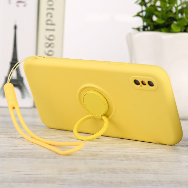 For iPhone XS Max Solid Color Liquid Silicone Shockproof Full Coverage Protective Case with Ring Holder & Lanyard