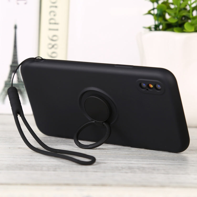For iPhone X / XS Solid Color Liquid Silicone Shockproof Full Coverage Protective Case with Ring Holder & Lanyard