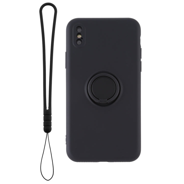 For iPhone X / XS Solid Color Liquid Silicone Shockproof Full Coverage Protective Case with Ring Holder & Lanyard