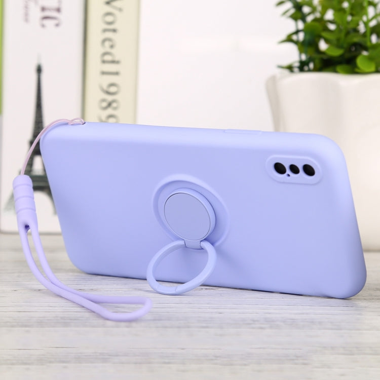 For iPhone X / XS Solid Color Liquid Silicone Shockproof Full Coverage Protective Case with Ring Holder & Lanyard