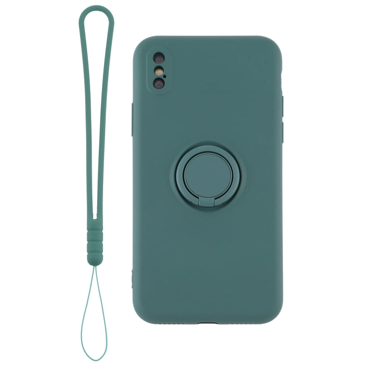 For iPhone X / XS Solid Color Liquid Silicone Shockproof Full Coverage Protective Case with Ring Holder & Lanyard