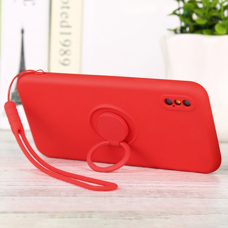 For iPhone X / XS Solid Color Liquid Silicone Shockproof Full Coverage Protective Case with Ring Holder & Lanyard
