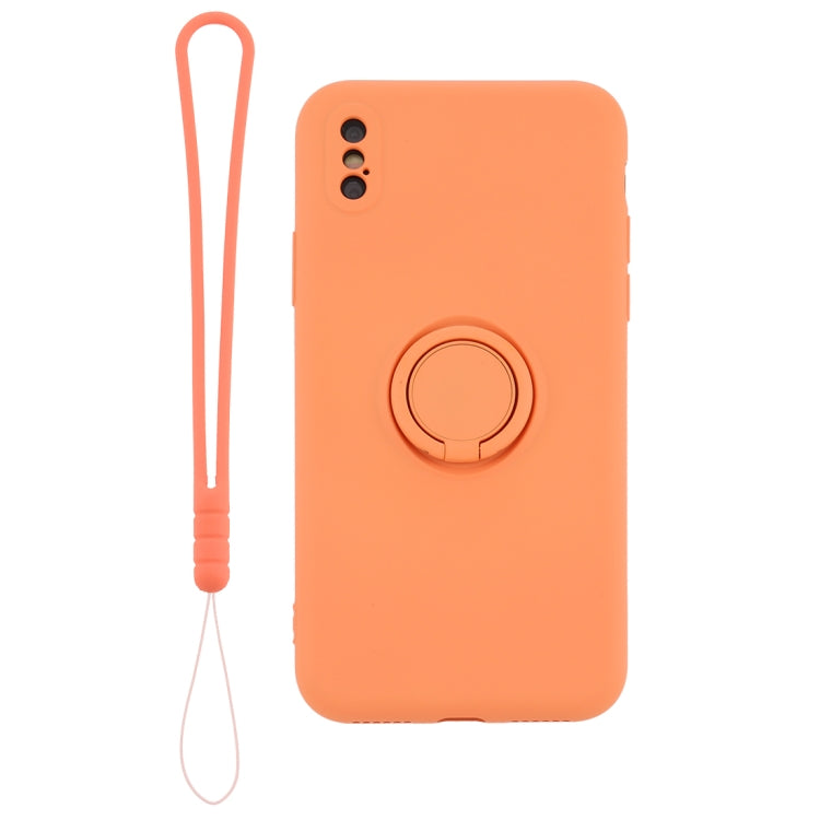 For iPhone X / XS Solid Color Liquid Silicone Shockproof Full Coverage Protective Case with Ring Holder & Lanyard