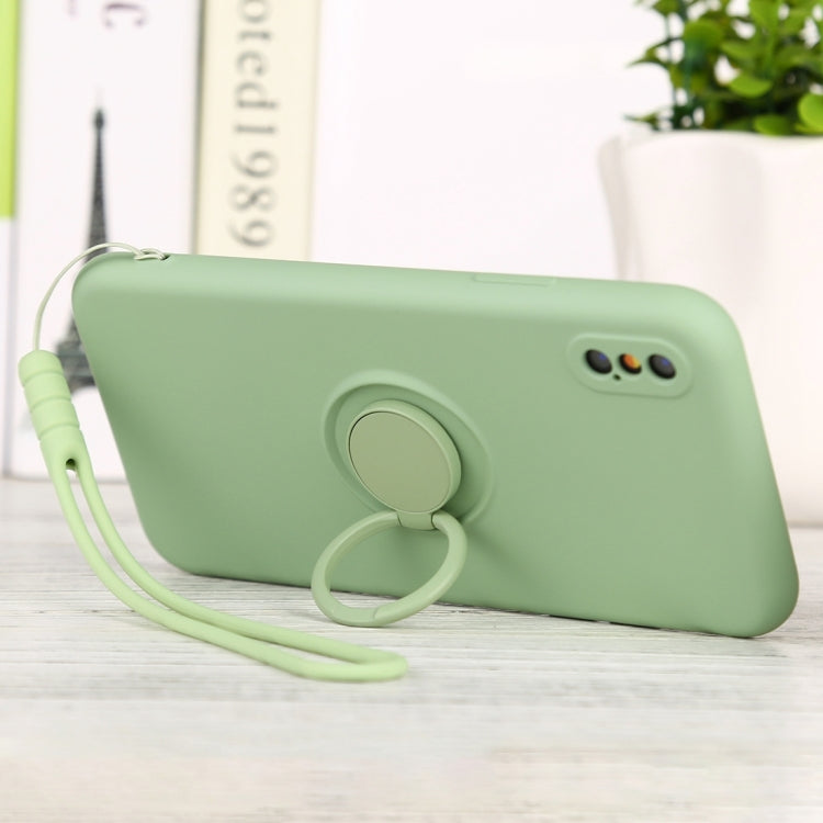 For iPhone X / XS Solid Color Liquid Silicone Shockproof Full Coverage Protective Case with Ring Holder & Lanyard