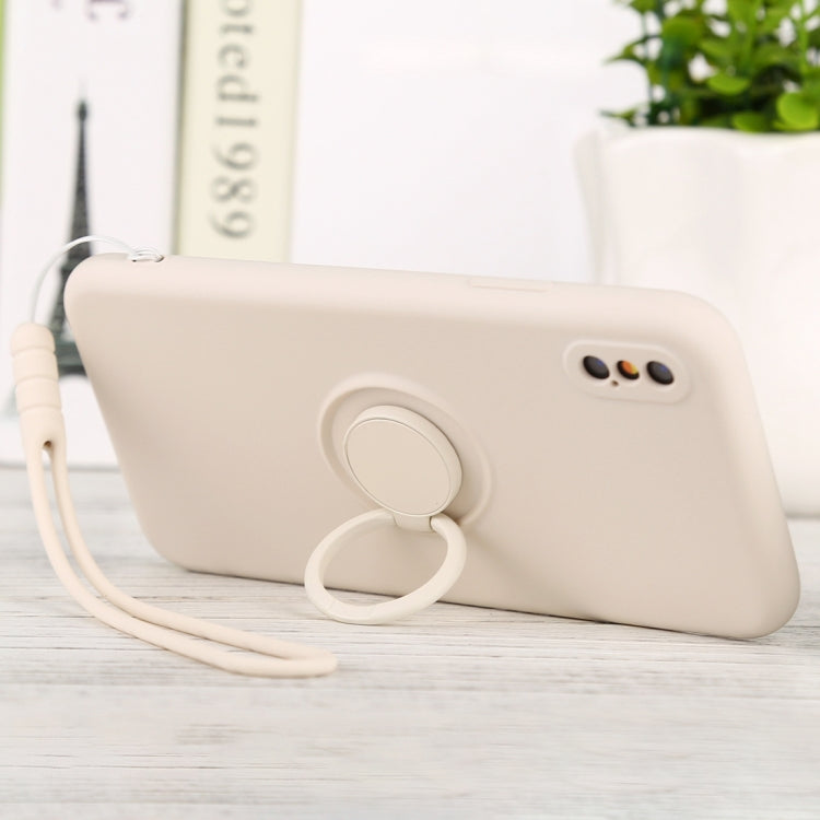 For iPhone X / XS Solid Color Liquid Silicone Shockproof Full Coverage Protective Case with Ring Holder & Lanyard