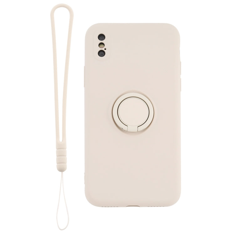 For iPhone X / XS Solid Color Liquid Silicone Shockproof Full Coverage Protective Case with Ring Holder & Lanyard