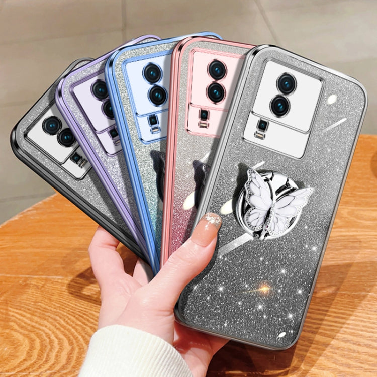 For vivo iQOO Neo7 Plated Gradient Glitter Butterfly Holder TPU Phone Case